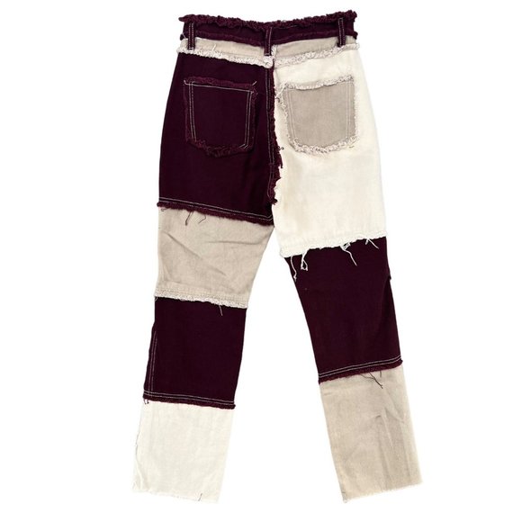 Empty Soda Patchwork Jeans Womens Maroon White Tan Denim Size S - Picture 2 of 11